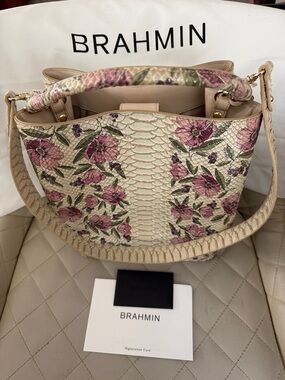 Brahmin Cream Floral Embossed Python-Texture Shoulder Bag with Pink Accents